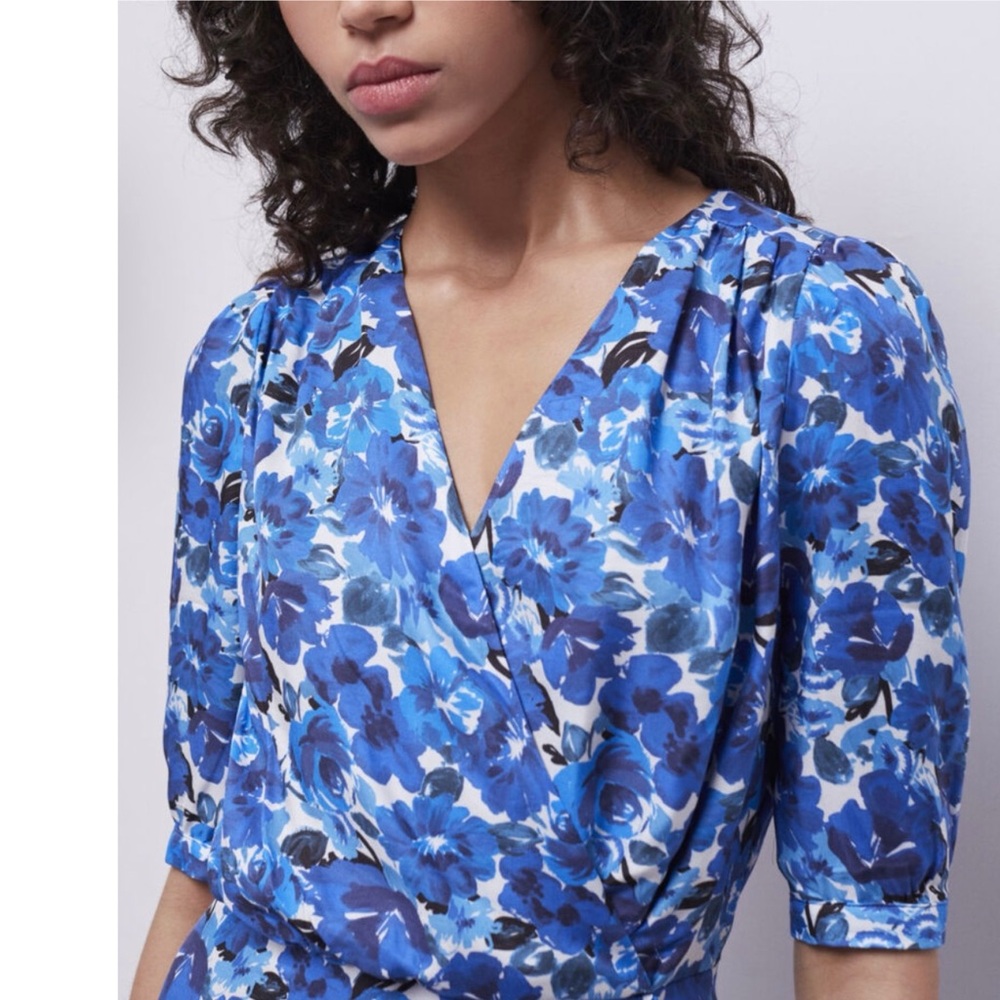 The Kooples Smooth Flowers Blue Floral Print Wrap Dress Boho French Girl Chic M4 - Picture 3 of 14